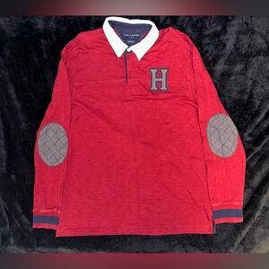 Tommy Hilfiger Men's Rugby Polo Shirt XL Red White Elbow Patch L/S Embroidery